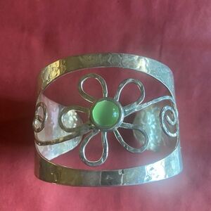 Silver Floral Cuff Bracelet with Green Accent